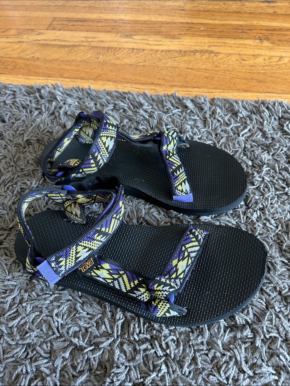 Teva Black Sandals with Yellow & Purple Patterned Straps Size 7